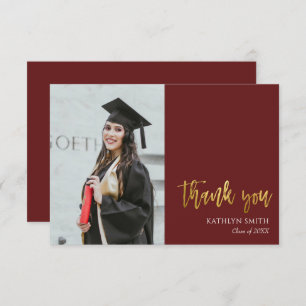 Gold Calligraphy Red Modern Photo Graduation Thank You Card