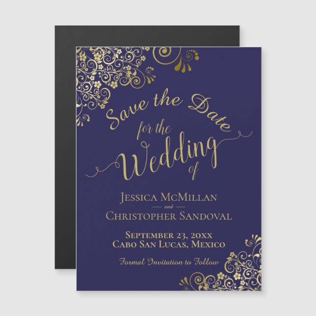 Gold Calligraphy Save the Date Navy Blue Magnet (Front/Back)
