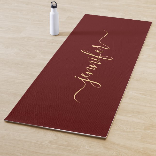 Gold Calligraphy Script Personalized Name Maroon Yoga Mat (In Situ)