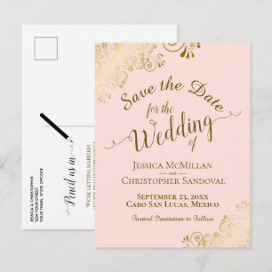 Gold Calligraphy Wedding Save the Date Blush Pink Announcement Postcard