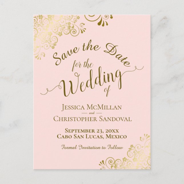 Gold Calligraphy Wedding Save the Date Blush Pink Announcement Postcard (Front)