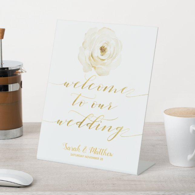 Gold Calligraphy White Floral Welcome Wedding Pedestal Sign (In SItu)