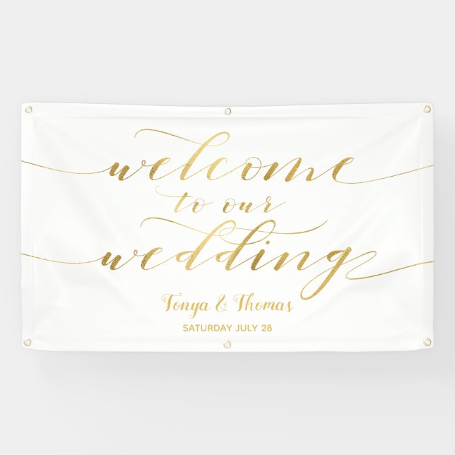 Gold Calligraphy White Welcome To Our Wedding Banner (Horizontal)