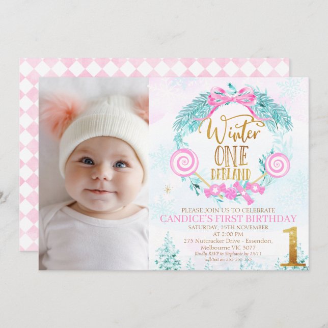 Gold Calligraphy Winter Onederland Photo Birthday  Invitation (Front/Back)