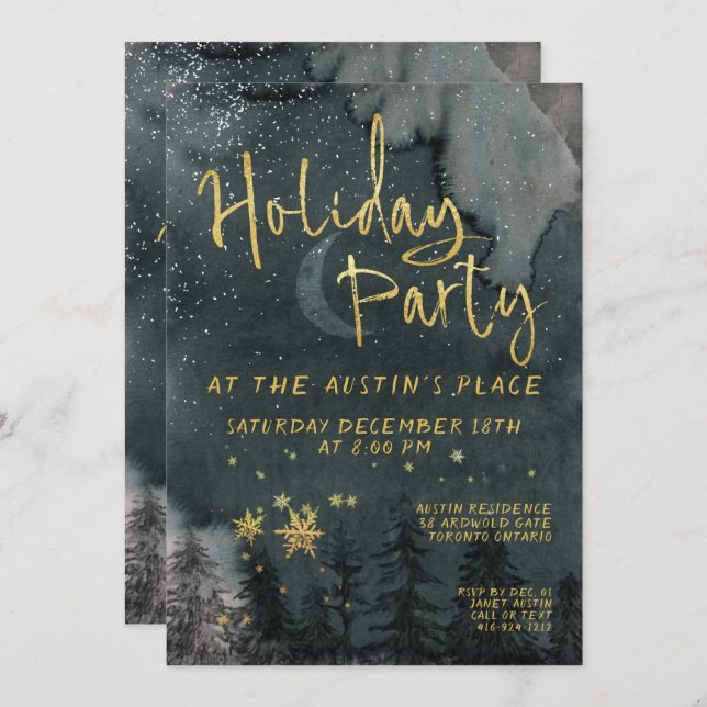 Gold Calligraphy Winter Woodland Holiday Party Invitation (Front/Back)