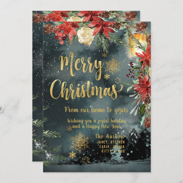Gold Calligraphy Woodland Holiday Christmas Card (Front/Back)