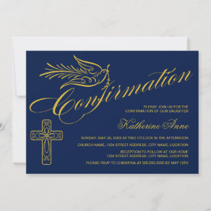 Gold Calligrigraphy Confirmation Cross and Dove Invitation