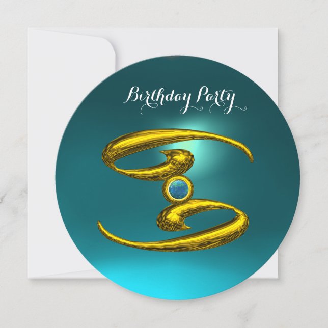 GOLD CANCER ZODIAC BIRTHDAY JEWEL Opale Aqua Blue Invitation (Front)