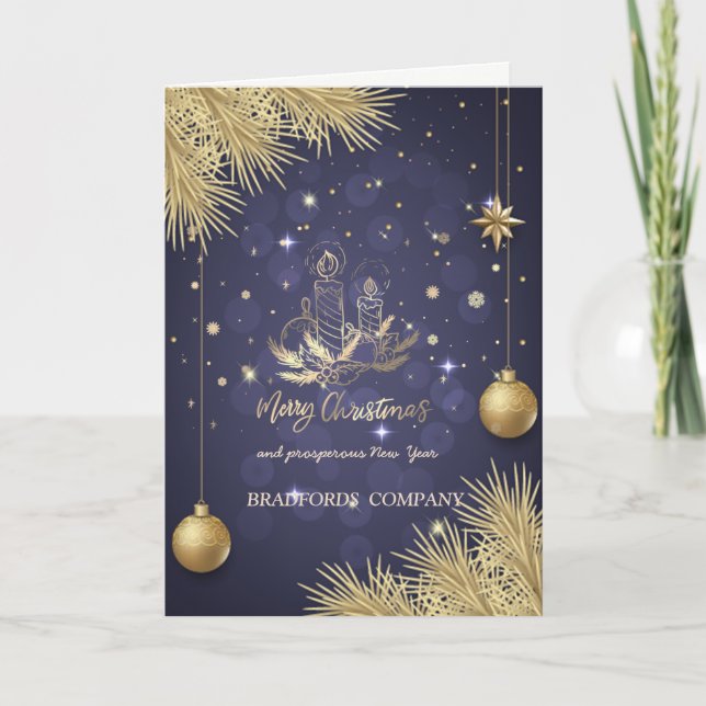 Gold Candle,Balls,Pine Tree BranchesSnowflakes Holiday Card (Front)