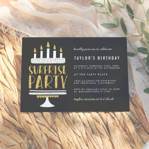Gold Candles & Cake Surprise Birthday Party Invitation