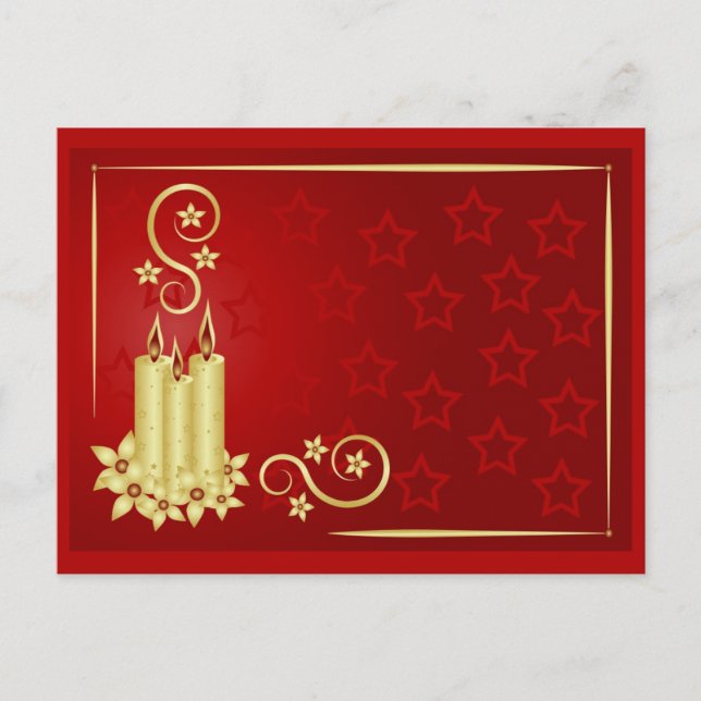 gold candles, flowers and swirls on red background postcard (Front)