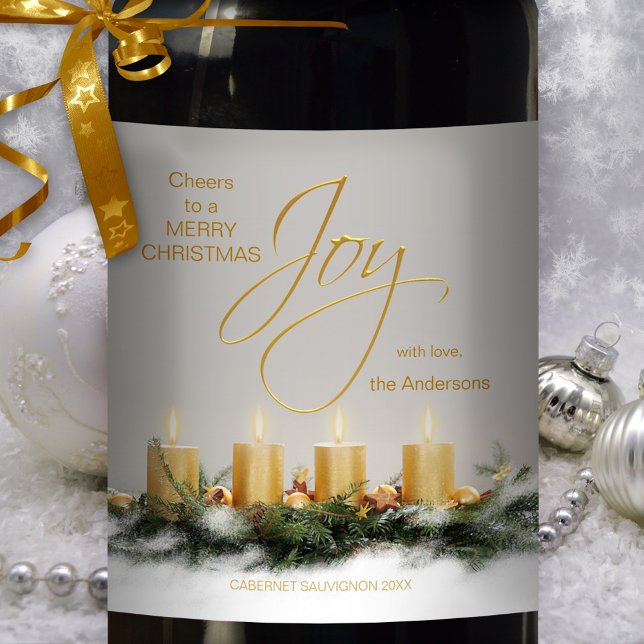 Gold Candles Personalised Christmas Wine Label (A festive Christmas wine label featuring golden candles on a simple chic grey background)