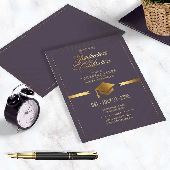Gold Cap Graduation Eggplant ID834 Invitation (Creator Uploaded)