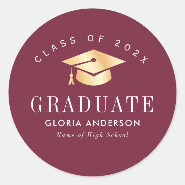 Gold Cap Maroon Graduation Classic Round Sticker (Front)