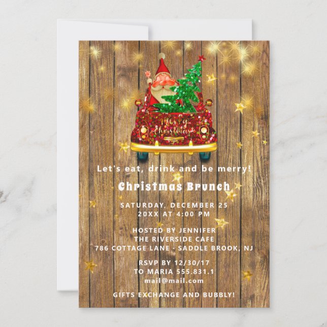 Gold Car Merry Christmas Brunch Dinner SantaRustic Invitation (Front)