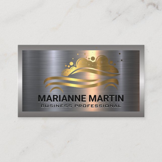 Gold Car Wash Logo | Metal Aluminium Brushed Business Card (Front)