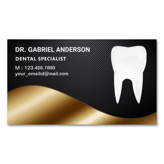 Gold Carbon Fibre Tooth Dental Clinic Dentist Magnetic Business Card (Front)