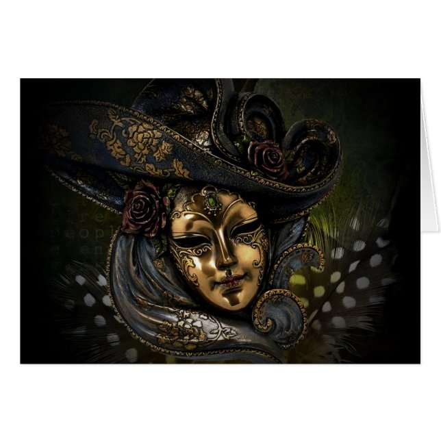 Gold carnival mask with blue hat and feathers (Front Horizontal)