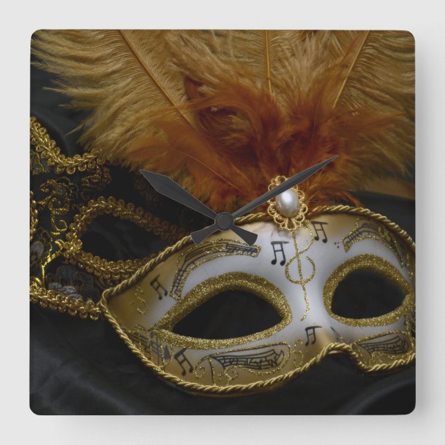 Gold Carnival Venetian Mask Masquerade Square Wall Clock (Front)