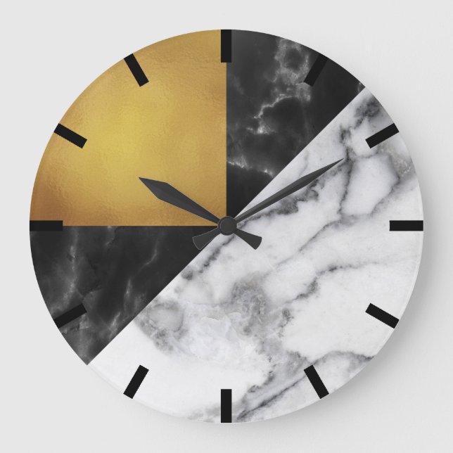 Gold Carrara Marble Grey Geometry Black Stone Meta Large Clock (Front)