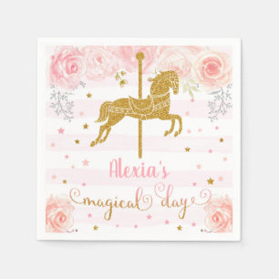 Gold carrousel girl birthday paper napkins. napkin