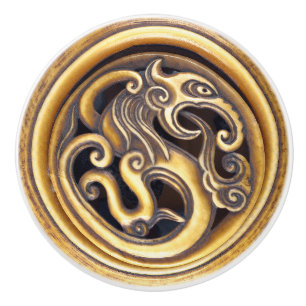 Gold Carved Dragon Oriental Netsuke Maculine Yang Ceramic Knob