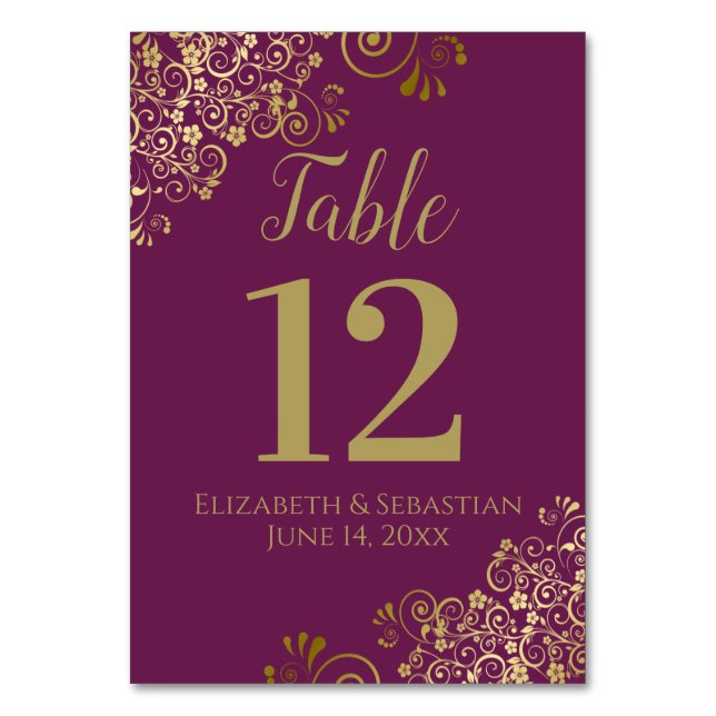 Gold & Cassis Purple Elegant Frilly Wedding Table Number (Front)