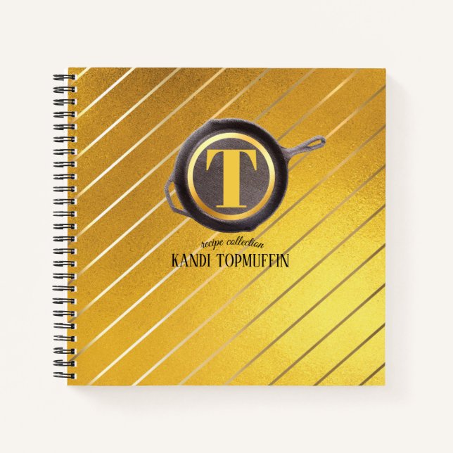 Gold cast iron pan personalised recipe cookbook notebook (Front)