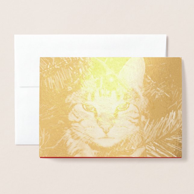 Gold Cat in Tree Fun Purr-fect Perfect Christmas  Foil Card (Front With Envelope)