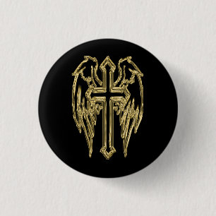 Gold catholic cross with wings 3 cm round badge