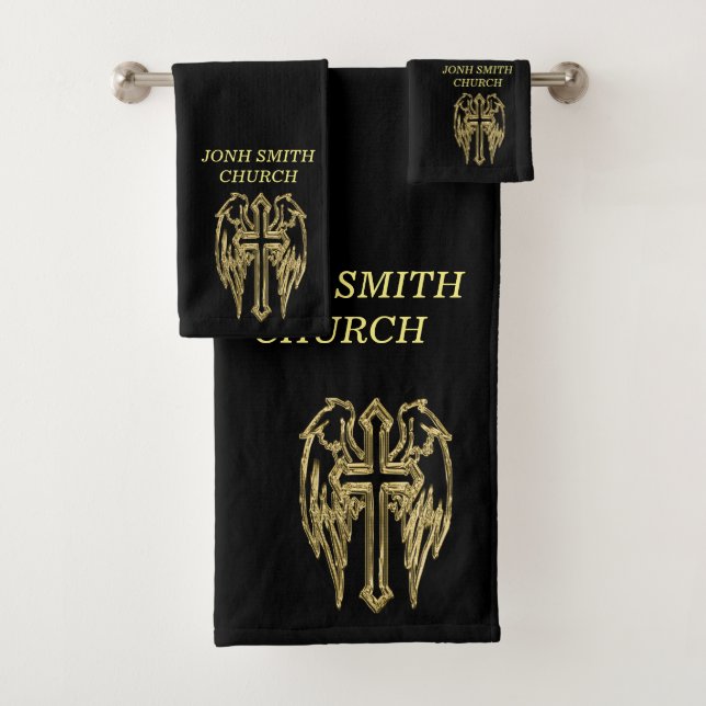 Gold catholic cross with wings bath towel set (Insitu)