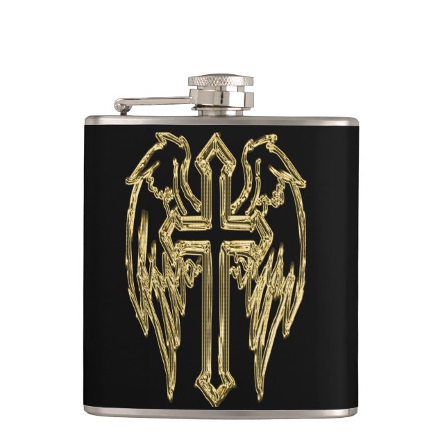 Gold catholic cross with wings hip flask (Front)