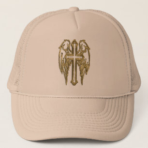 Gold catholic cross with wings trucker hat