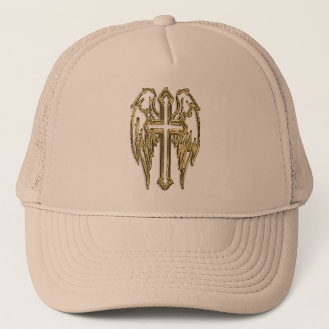 Gold catholic cross with wings trucker hat (Front)