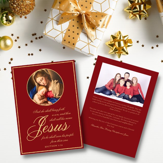 Gold Catholic Madonna & Child Photo Christmas Holiday Card (Madonna and Child Religious Catholic Christmas card with family photo)