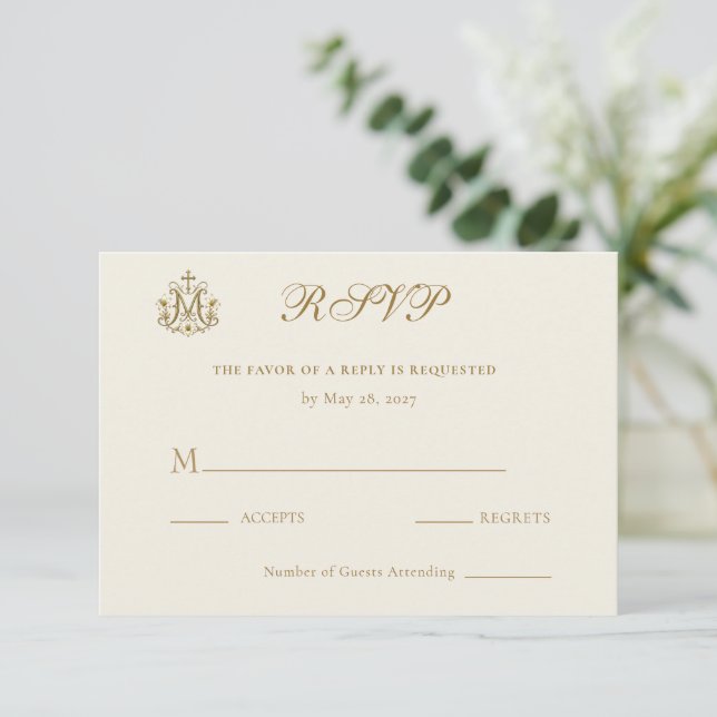  Gold Catholic Marian Cross Wedding RSVP Card (Standing Front)