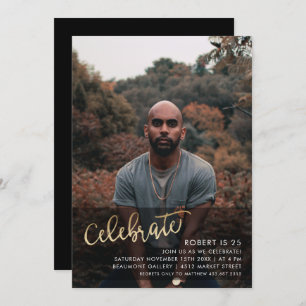 Gold Celebrate Script   Custom Photo Birthday Invitation