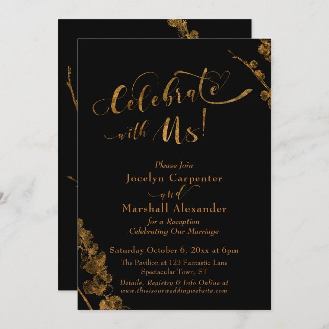 Gold "Celebrate with Us" w/ Botanicals on Black Invitation (Front/Back)