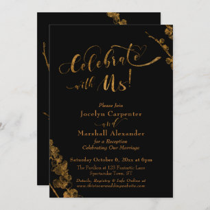 Gold "Celebrate with Us" w/ Botanicals on Black Invitation