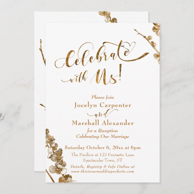 Gold "Celebrate with Us" w/ Botanicals on White Invitation (Front/Back)