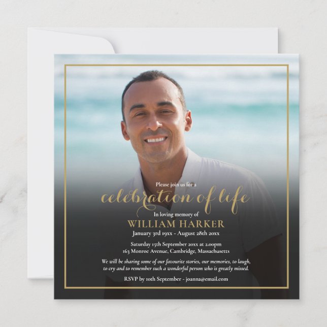 Gold Celebration of Life Funeral Photo Invitation (Front)