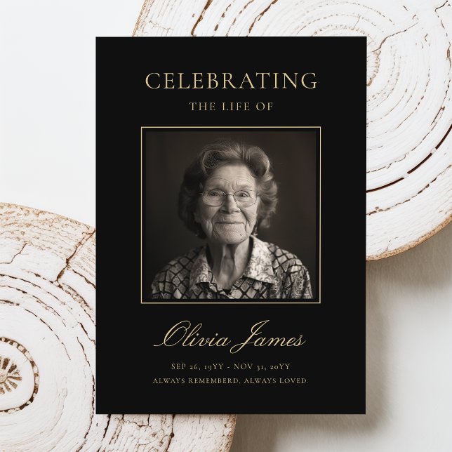 Gold Celebration of Life Photo Funeral Program Card (Creator Uploaded)