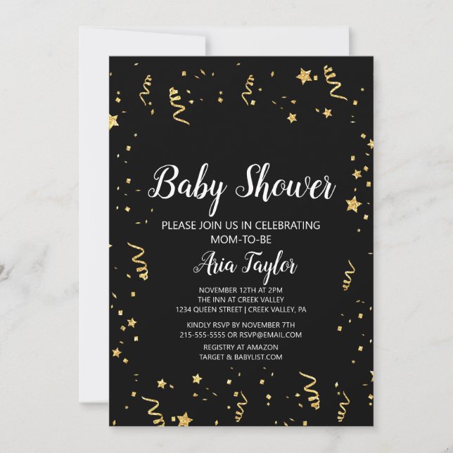 Gold Celebration on Black Calligraphy Baby Shower Invitation (Front)