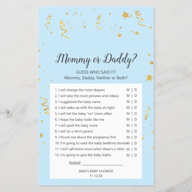 Gold Celebration on Blue Mummy or Daddy Game Flyer (Front)