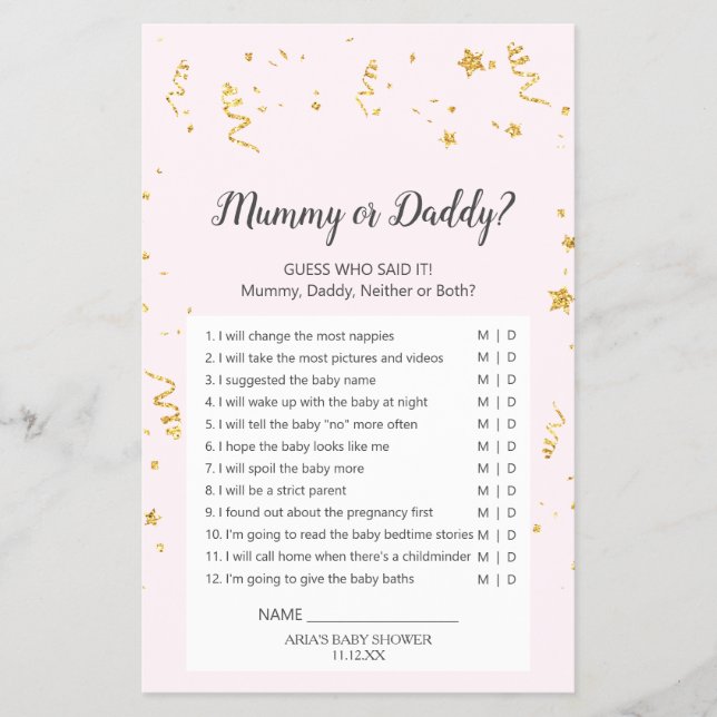 Gold Celebration on Pink Mommy or Daddy Game Flyer (Front)