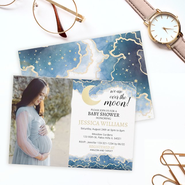 Gold celestial moon baby shower photo invitation (Creator Uploaded)