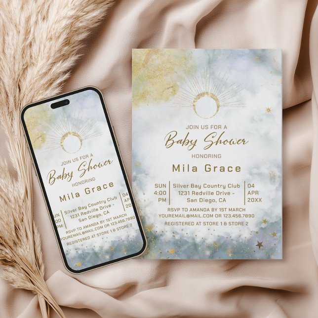 Gold Celestial Sky Watercolor Baby Shower Invitation (Creator Uploaded)