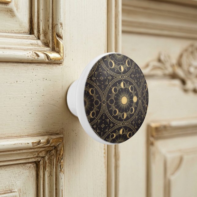 Gold Celestial Sun Moon Phases Geometric Pattern Ceramic Knob (Creator Uploaded)