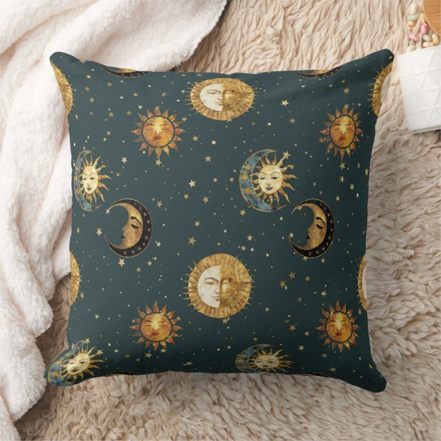 Gold Celestial Sun Moon Stars Midnight Blue Cushion (Blanket)
