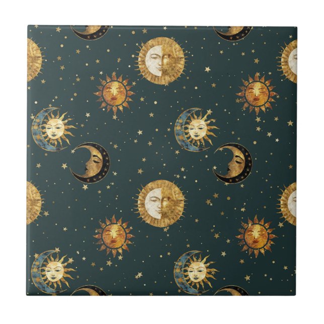 Gold Celestial Sun Moon Stars Midnight Blue Tile (Front)
